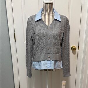 Nannette Gray Cable Knit Cardigan with Blue Blouse